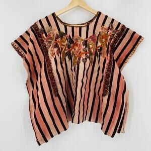 Vintage pink striped embroidered parrot Guatamalen huipil